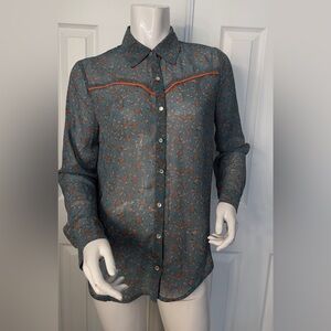 Elegant Floral Button-Up Blouse - Teal and Rust